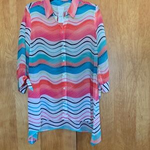 Chico’s Sheer flowy sherbet Stripe Button-Front coastal tunic top kerchief hem